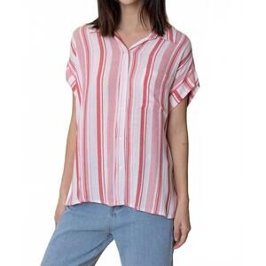 NEW EN CREME striped short sleeve button down top in white red stripe